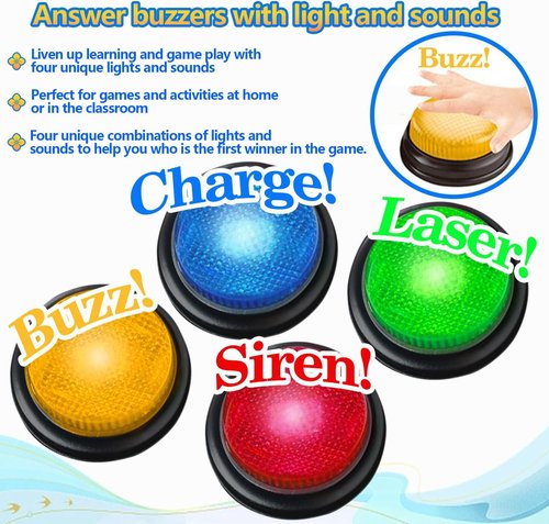 Buzzers | 4-Pack Trivia Game Buzzers with Lights & Sound - Perfect for Classroom & Family Feud