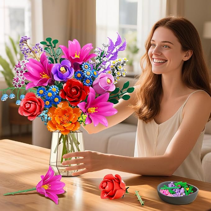 Flowers Bouquet Building Set with LED Light, 21 Flower Botanical Collection Building Block Toy, Rose Lily Home Plant Decor 1054PCS for Her Adults Women Kids Girls 12+ (RED)