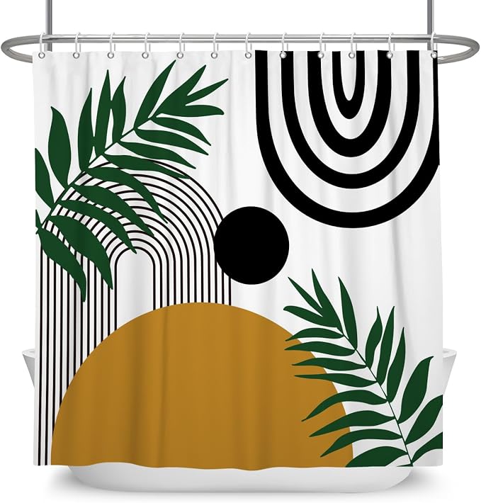 Boho Mid Century Shower Curtain Bohemian Abstract Modern Sun Bathroom Curtain Geometric Arch Curve Leaves Polyester Shower Curtain Sets for Bathroom Extra Long 72x72 in with 12 Hooks