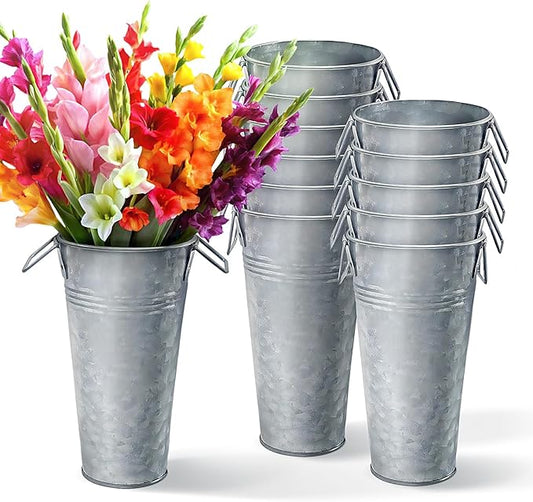 Plexon 9" Tall Galvanized Metal Vase for Flowers, Metal Flower Container with Handles, Farmhouse French Tin Vases for Flowers Ideal for Sparkler Bucket Wedding Home Decor, Set of 12