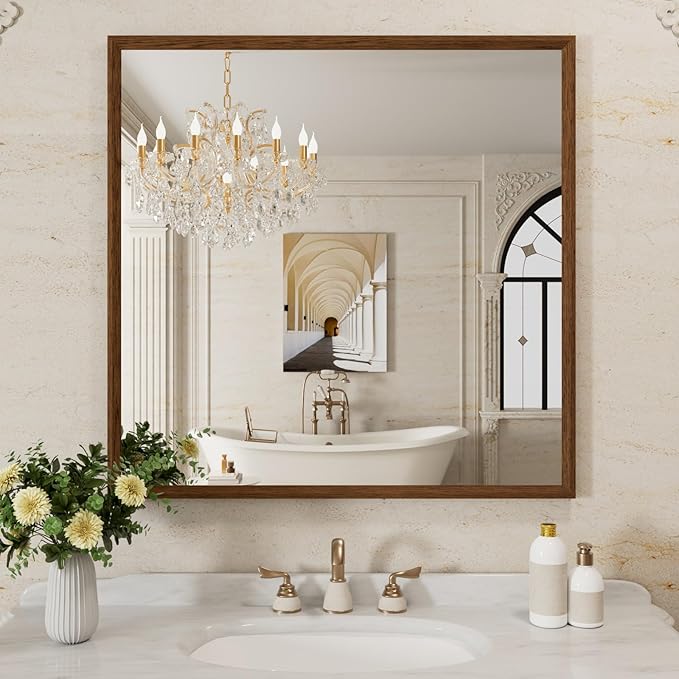 WEER Bathroom Mirror, 36x36 Inch Wall Mirror, Walnut Wood Grain Framed Mirror, Rectangle Vanity Mirror, Tempered Glass, Anti-Rust, Hangs Horizontally or Vertically