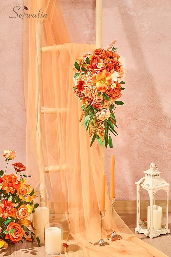 Serwalin 11 Inch Wedding Bouquets for Bride Bridesmaid,Fall Cascading Orange Bridal Bouquets for Bride,Wedding Ceremony and Anniversary Day Decor