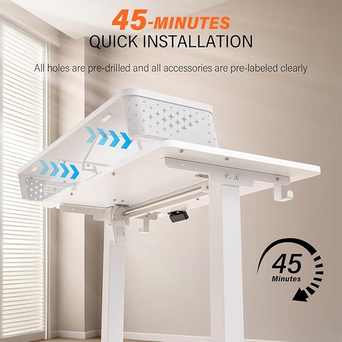Electric Standing Desk with 2 Drawers 55''x 24'' Adjustable Height Sit to Stand Up Desk with Storage Shelf, C-Clamp Mount Compatible White Home Office Desks Computer Gaming Table Ergonomic Workstation
