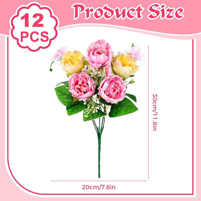 Olgaa 12 Bundles Peonies Artificial Flowers Fake Peony Bouquet Faux Peonies Flowers Bulk with Stems Flower Balls for Centerpiece Table Decorations Wedding Bridal Floral Arrangement (Pink)