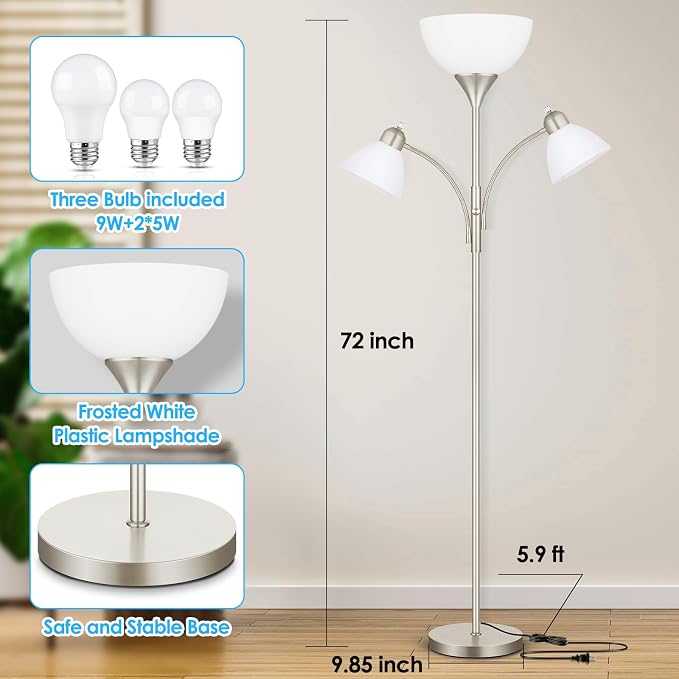 Coucrek Torchiere Floor Lamps for Living Room,72" Dimmable Lamp with 2 Adjustable Reading Lights for Bedroom, Tall Standing Room Lamp, 3 Bulbs Included