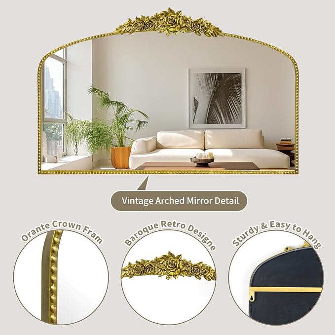 Antique Gold Arched Wall Mirror, 48"x30" Baroque Vintage Mirror with Ornate Metal Frame, Large Traditional Home Decor Bathroom/Wall/Vanity/Mantel/Bedroom/Entryway/Hallway