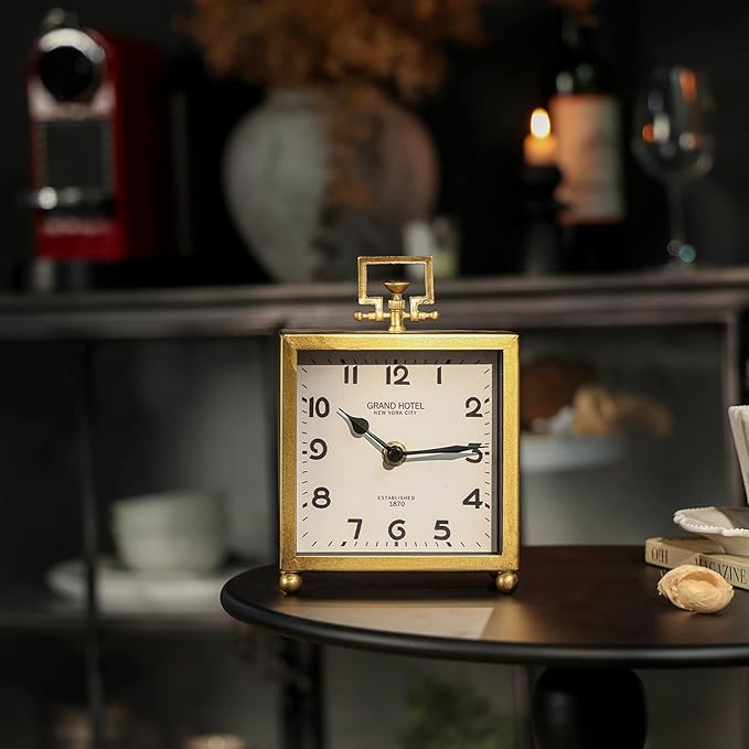 NIKKY HOME Small Gold Table Clock, Silent Non-Ticking Classic Battery Operated Decorative Mantel Desk Shelf Clock for Living Room Decor