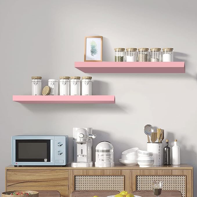 SAUMONIERES 24 Inch Floating Wall Shelves for Bedroom Bathroom Wall Mounted Solid Wood Shelf Storage Decor Set of 2, Pink Floating Shelves