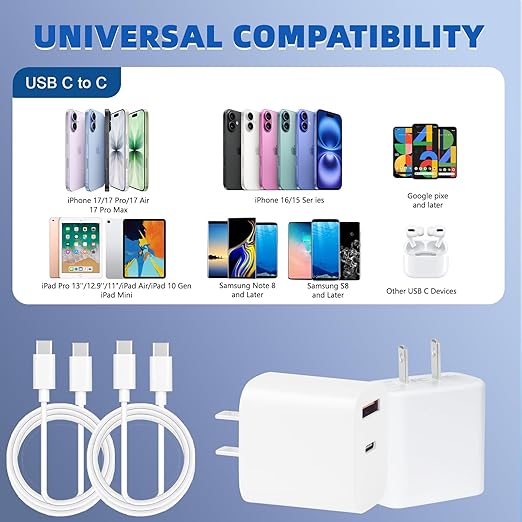 USB C Charger Block for iPhone 17 16,40W Dual Port A/C Phone Chargers,2Pack Type C Charger Fast Charging Wall Chargers Quick 10FT USB C Cable for iPhone 17/17 Pro Max/17 Air/16 Pro/16e/15 Plus/15 Pro