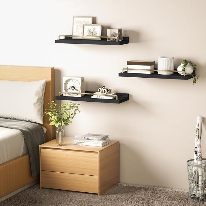 RYOFOBETTO Floating Shelves for Wall Decor, Black and Gold Shelves for Bathroom, Living Room, Bedroom, Picture Frames, Plants, Kitchen (Set of 3)