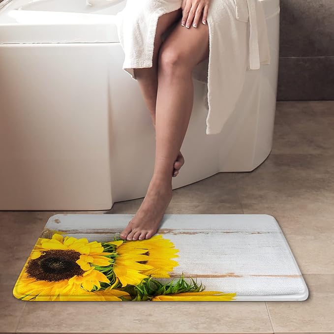Britimes Bath Mat for Bathroom, Yellow Sunflower Washable Cover Floor Rug Carpets Floor Mat Bathroom Decorations 18x30 Inches for Kitchen Bedroom Indoor