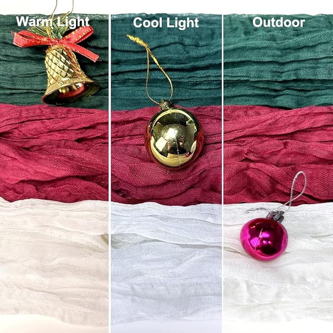 Booque Valley Christmas Table Runner 3 Pack Green Cheesecloth 10ft Soft Boho Wrinkled Decorative Gauze Sheer for Holiday Party Baptism Wedding Centerpiece Table Decor, 35x120 Inch