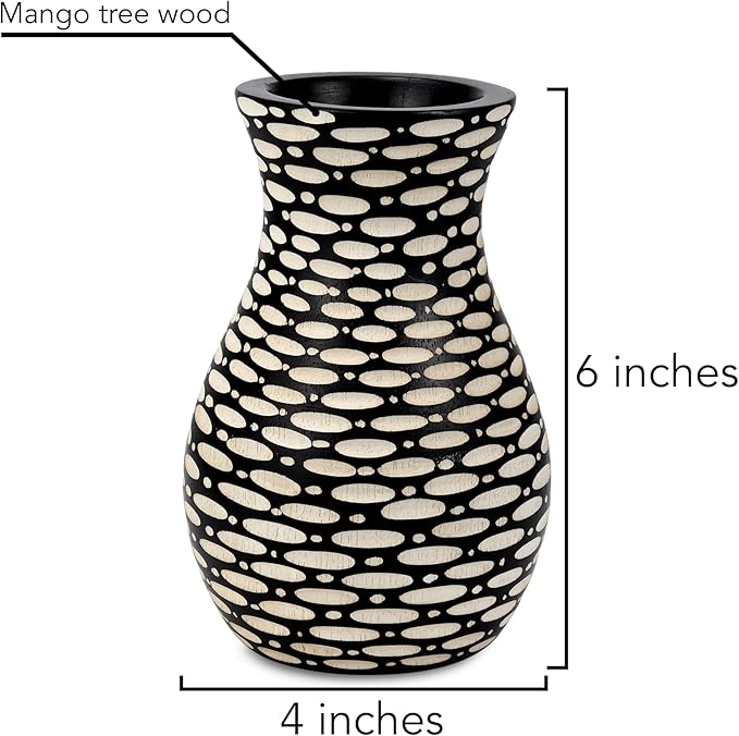 AeraVida Intricate Etched Ovals Mango Wood Vase Dark Brown 6-Inch Handmade Tabletop Flower Holder for Dried or Silk Flowers Rustic Modern Decor Accent for Living Room or Office