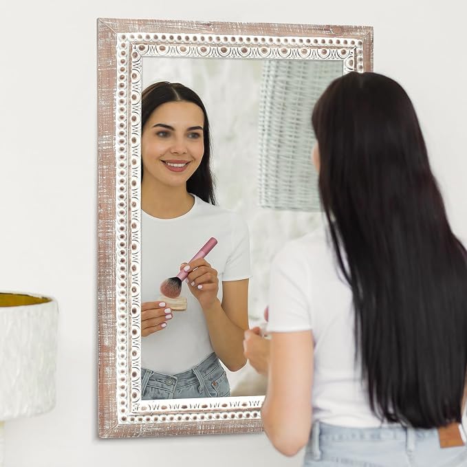 24'' Rectangular Wall Mounted Mirror, Wood Decorative Mirrors, Boho Mirrors with Beaded Frame, Rustic Vanity Mirror, Distressed Mirror for Bathroom, Living Room, Bedroom, Entryway