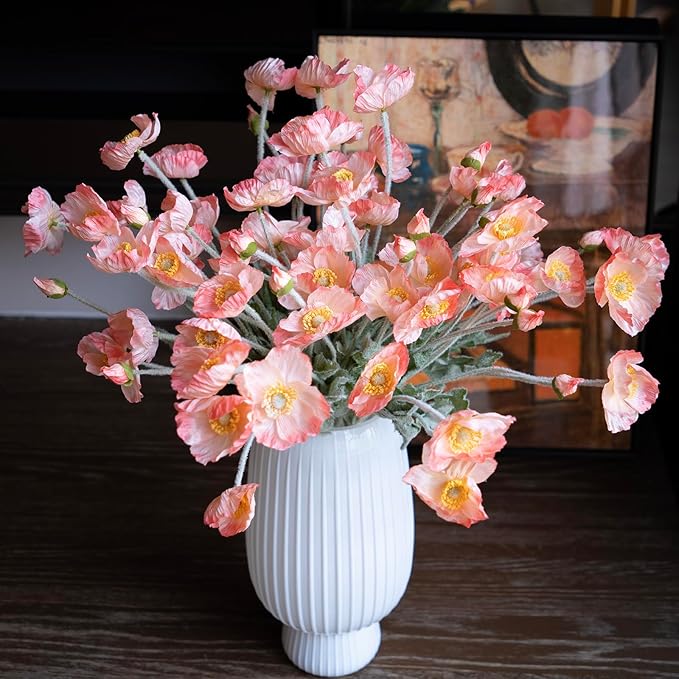 Artificial Flowers 6 Stems Poppy Silk Bouquet,for Wedding, Home, Party Decoration,Table Centerpiece Arrangement(Orange Pink 6pcs)