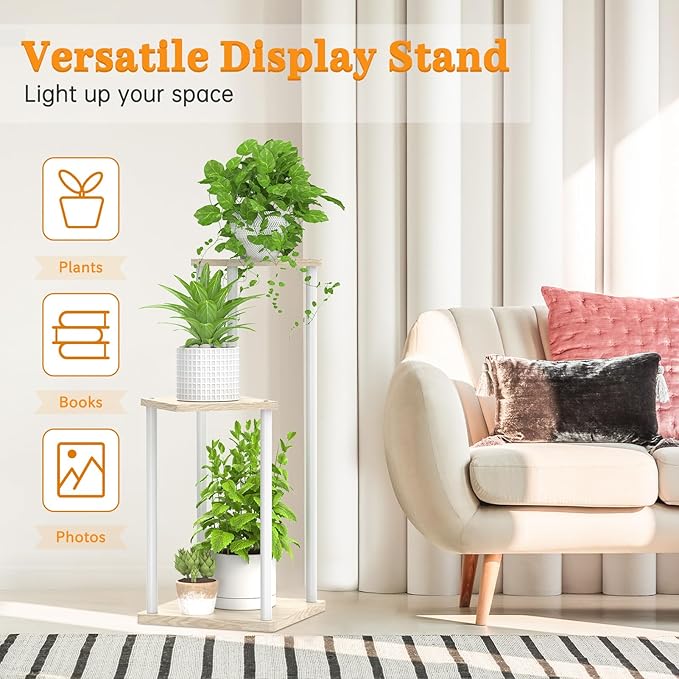 Oppro 3 Tier Plant Stand Indoor Outdoor, Metal Wood Tiered Corner Plant Stands Pot Holder, Wood Flower Shelf Orchid Display Rack for Living Room Bedroom Balcony Garden Patio, Modern White