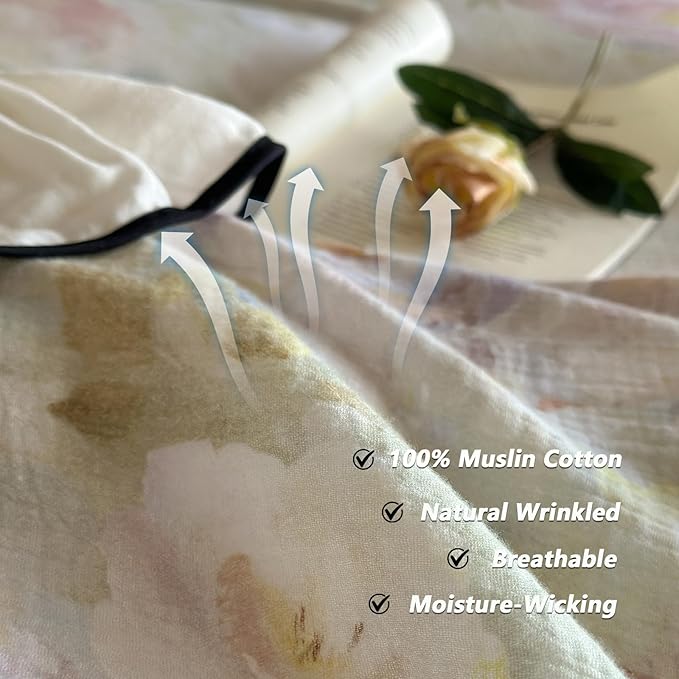 VM VOUGEMARKET Chic Floral Duvet Cover Full with Romantic Ruffles 100% Organic Cotton,Soft Textured Gauze Weave Comforter Cover with Zip Closure and Corner Ties- 80"x90"