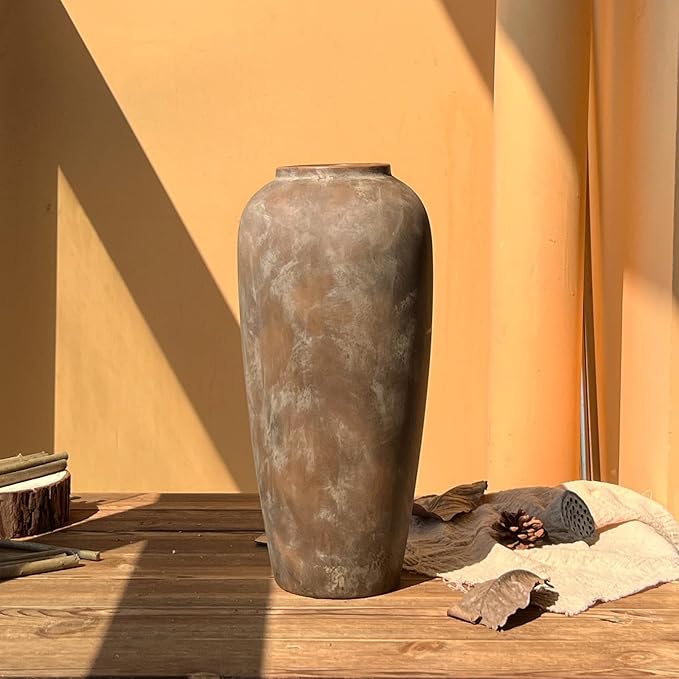 15 Inch Vintage Farmhouse Decor Ceramic Rustic Vase, Handmade Brown Flower Vases for Centerpieces, Living Room & Kitchen Shelf Decorative Pottery Vase for Home Decor