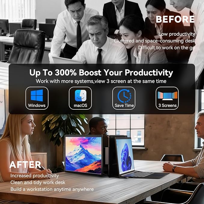 FQQ 15.6" Detachable Laptop Screen Extender, FHD 1080P IPS Dual/Triple Portable Monitor for Laptop, USB-C/HDMI Plug & Play, Multi/Extra Travel Display Computer Monitor for 12-18.5" Win/Mac/Android-S9H