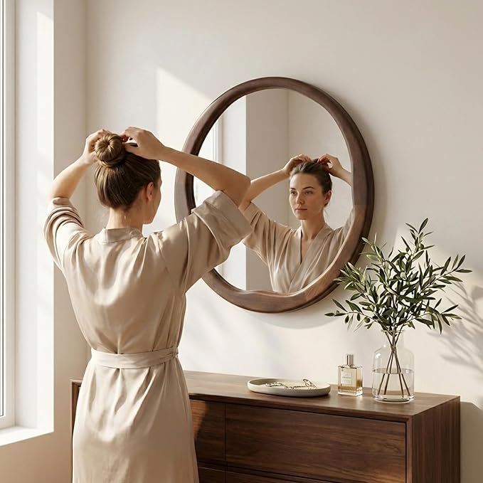 Round Dark Wood Mirror 30 Inch, Large Solid Wood Framed Wall Mirror with Asymmetrical Wavy Inner Edge for Living Room, Fireplace & Dining Room Decor