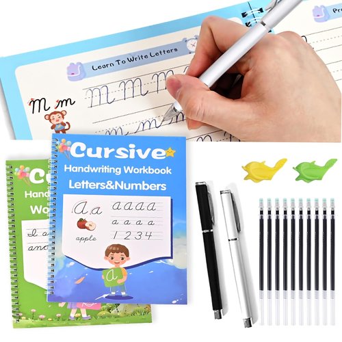 Grooved Cursive Handwriting Workbook by [Brand Name] - 2 Pack Reusable Practice Books for Kids Ages 8-12