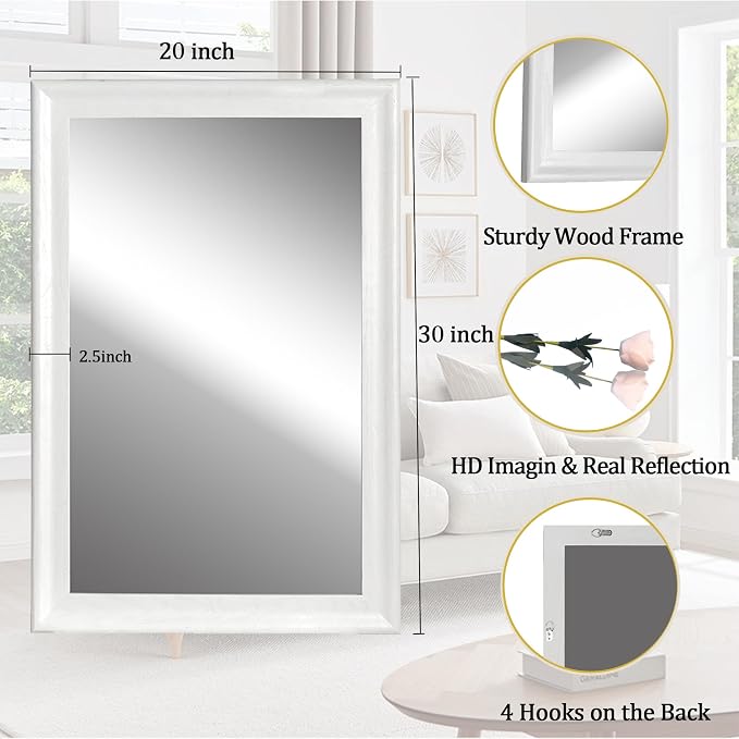 CULER White Wood Wall Mirror for Bathroom,Rectangle 20 x 30 inch Hanging Vanity Mirrors with Wooden Frame for Living Room,Bedroom,Entryway