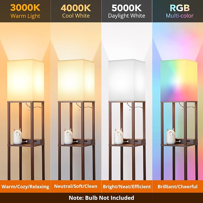 Mlambert Modern Shelf Floor Lamp with Wireless Charger & Fast Charging USB Ports & Type C Port & 2 Power Outlets,3 Tier Storage Lamp for Bedroom,Brown