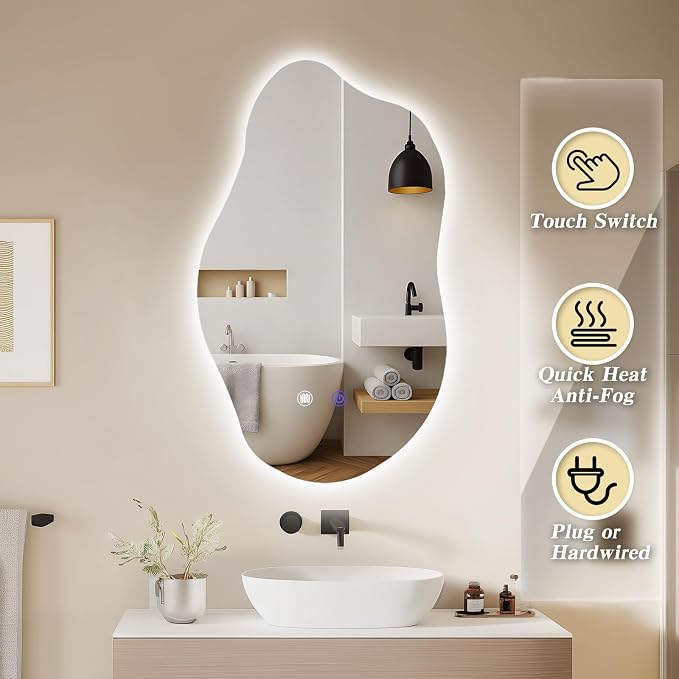 QDSSDECO Irregular LED Bathroom Mirror with Lights,Asymmetrical Led Bathroom Vanity Mirror for Wall with Front and Backlit, Anti Fog, 3 Colors and Dimmable Light, 19.7" x 33.5"