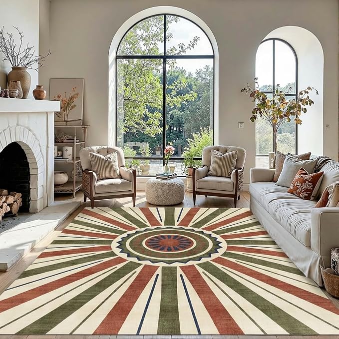 5x7 Retro Sunburst Medallion Area Rug - Non-Slip Washable Low Pile, Rust Red Olive Green Navy Pattern Carpet for Bedroom, Living Room, Dining Area, Home Office
