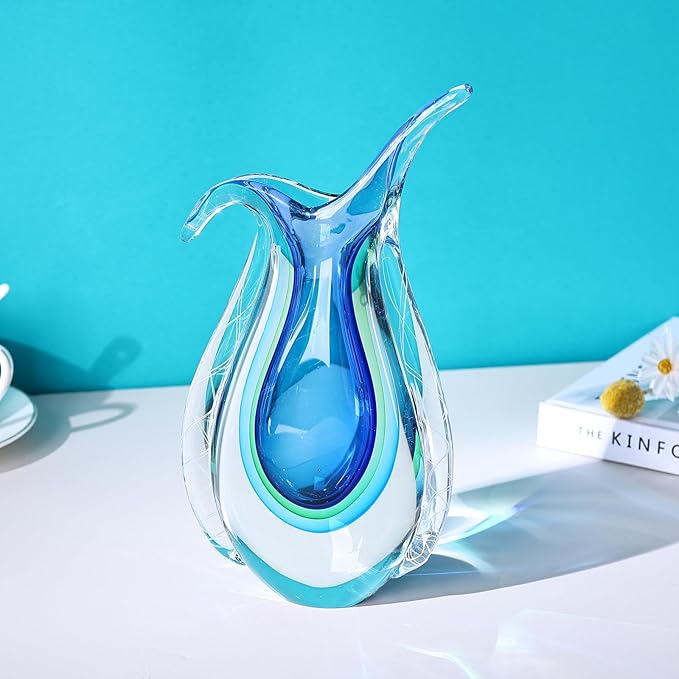 Blue Hand Blown Glass Vase – Oval Decorative Art Glass for Centerpieces, Murano Inspired Decor for Dining Room, Entryway Table, or Shelf, Handmade Glass Vase for Home Display (Blue Green)