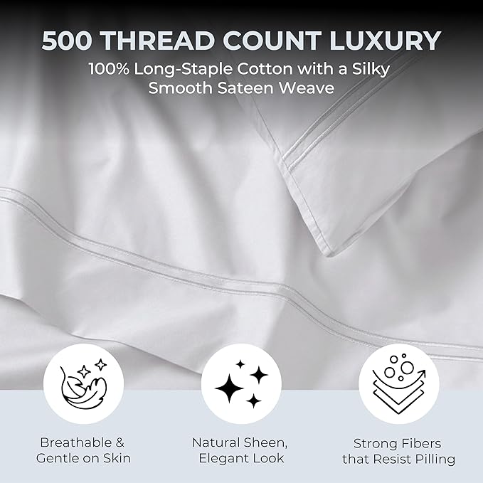 100% Natural Cotton Bed Sheets | 500 TC Single-Ply Sateen Weave Cal King Sheet Set | Breathable & Hypoallergenic Solid 4-Piece Bedding with Deep Pocket Fitted, Flat, Pillowcase | White