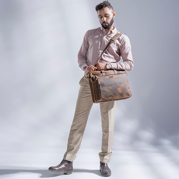 Handmade World Leather Briefcase For Men 'The Contemporary' Fits 17 Inch Laptop Computer Messenger Crossbody Shoulder Bag For Business Travel Office Work