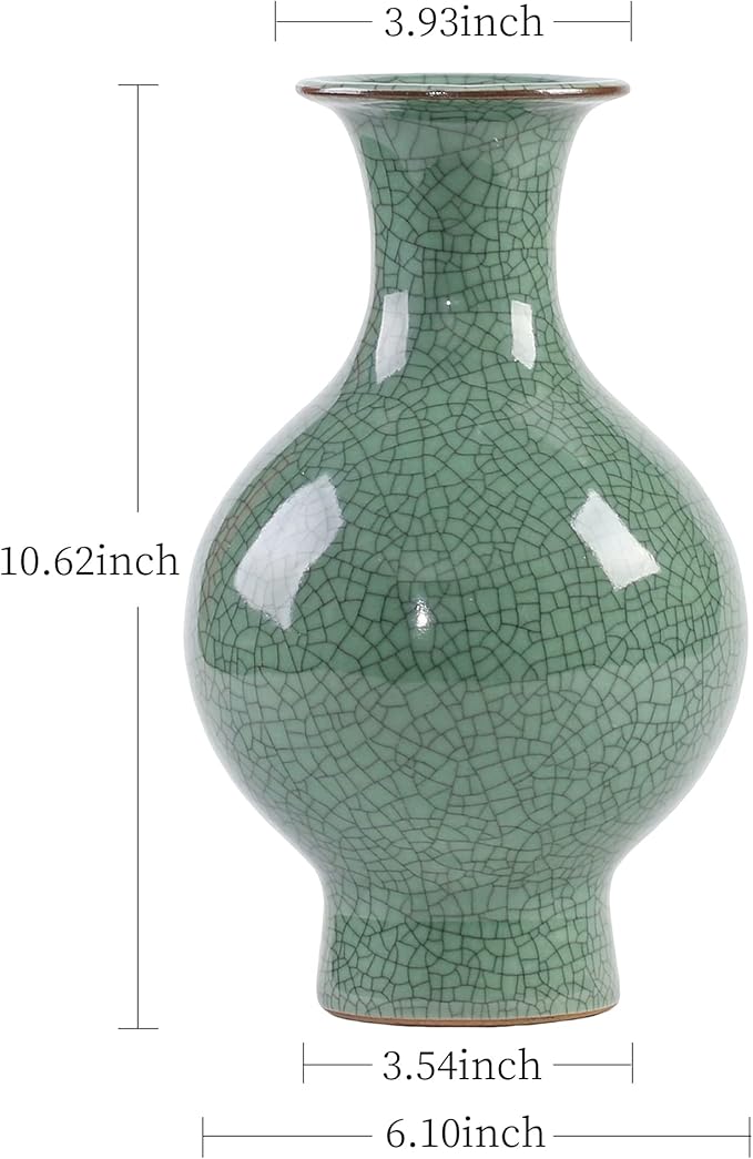 11.2Inches Chinese Ceramic Art Handmade Antique ice Crack Glaze Chinese vases Big China Porcelain Flower Bottle Green Vase for Flowers Home Decoration