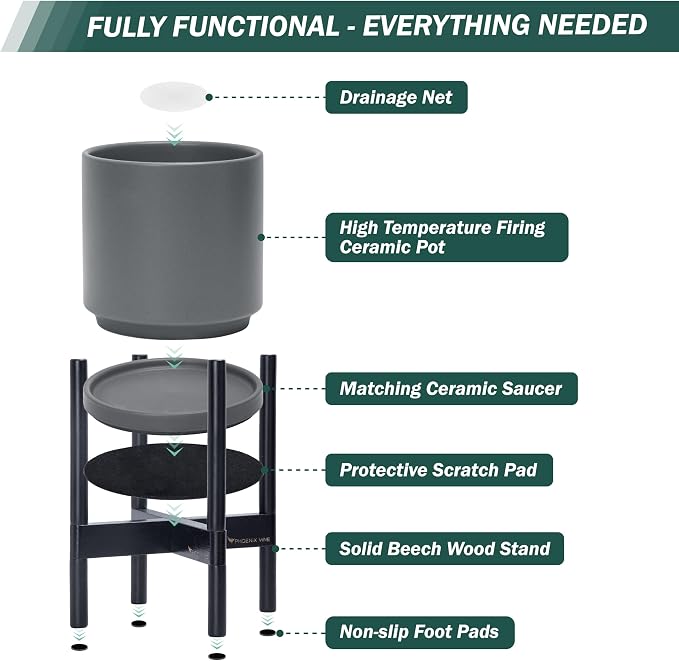 D'vine Dev Ceramic Planter with Ebony Stand - 14 Inch Modern Round Flower Pot with Wood Planter Holder, Grey, 55-B-S-3