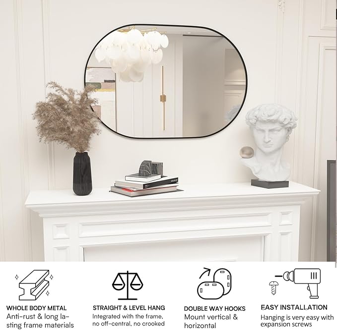 Oval Bathroom Mirror Capsule Wall Vanity Mirror, 24"x36" Pill Mirrors Wall Mounted Mirror, Large Modern Mirror with Black Metal Frame, Decor for Entryway, Bedroom, Living Room