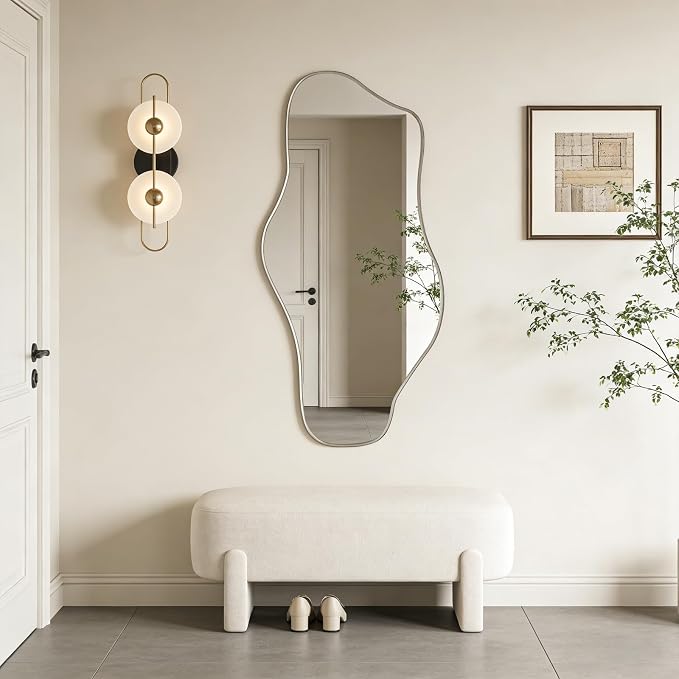 Irregular Frameless Mirror, 47.2"x24" Silver Asymmetrical Tempered Glass Mirror, Organic Shaped Wall Mirrors for Entryway Bedroom Living Room Bathroom, Horizontal or Vertical Hanging