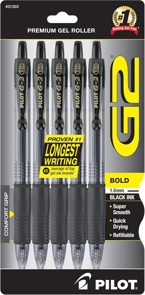 Pilot G2 Premium Gel Roller Pens - Bold 1 mm Black Ink | Pack of 6 (30 Count Total)
