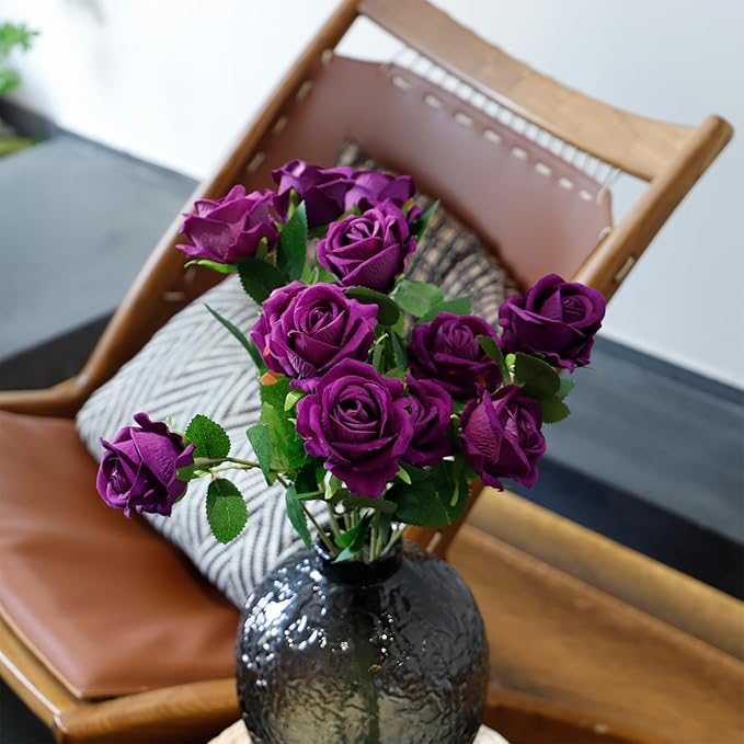 12 Pcs Artificial Rose Flowers, Silk Roses with Long Stems, Realistic Fake Roses for Wedding Centerpiece Party Home and Office DIY Decor, Purple