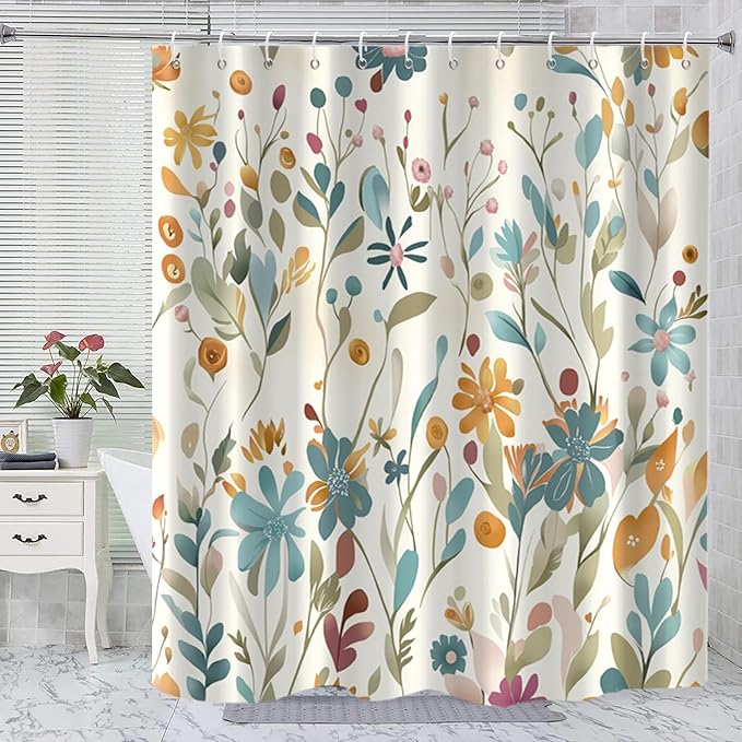 Colorful Floral Extra Long Shower Curtain, Wildflower Plant Leaves Cute Flower Spring Herbs Waterproof Fabric Machine Washable for Bathroom Bathtub Decor with Hooks 72Wx84H