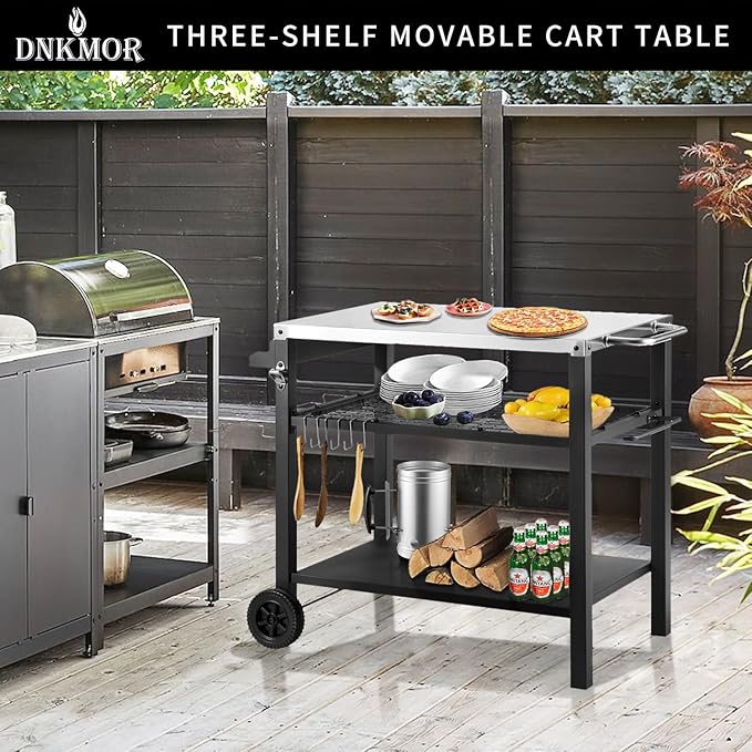 DNKMOR Dining Cart Table with Three Shelf, Movable Outdoor BBQ Grill Table Pizza Oven Stand with Three Hooks, Kitchen Cart Island Multifunctional Food Prep Table for Inside and Outside (Sliver)
