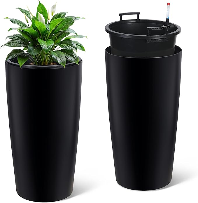 GarveeLife 30 in Tall Planters for Outdoor Plants Set of 2, Large Outdoor Planters for Front Porch Decor with Drainage Holes＆Water Level Monitor ＆Inner Bucket, Automatic Watering, Black