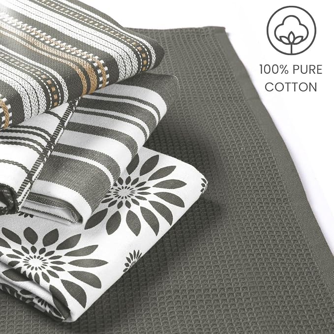 Assorted Kitchen Towels Large 16x26 inches 100% Cotton Set of 5 - Soft Absorbent Tea Towel for Kitchen - Quick Drying Dish Towels - Dish Cloths with Hanging Loop - Grey