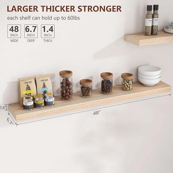 fuqing Natural Wood Floating Shelves, 48 Inch Wood Floating Shelves Set of 2, Natural Raw Wood Shelves for Living Room Bedroom Home Office - Natural