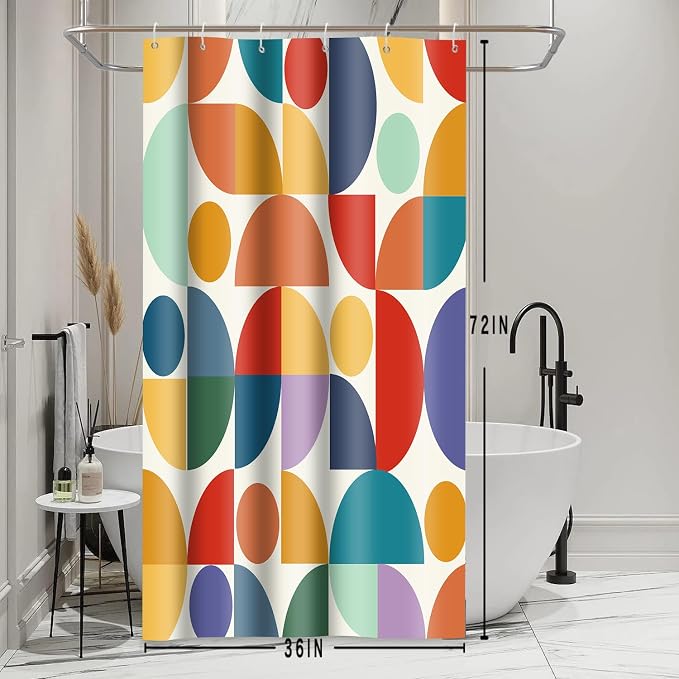 Vintage Colorful Rainbow Mid Century Shower Curtain Modern Abstract Geometric Art Bathroom Curtain Decor 36x72 Inch Washable Fabric Bright Retro Boho Circle Patterned Bath Curtain with 6 Hooks