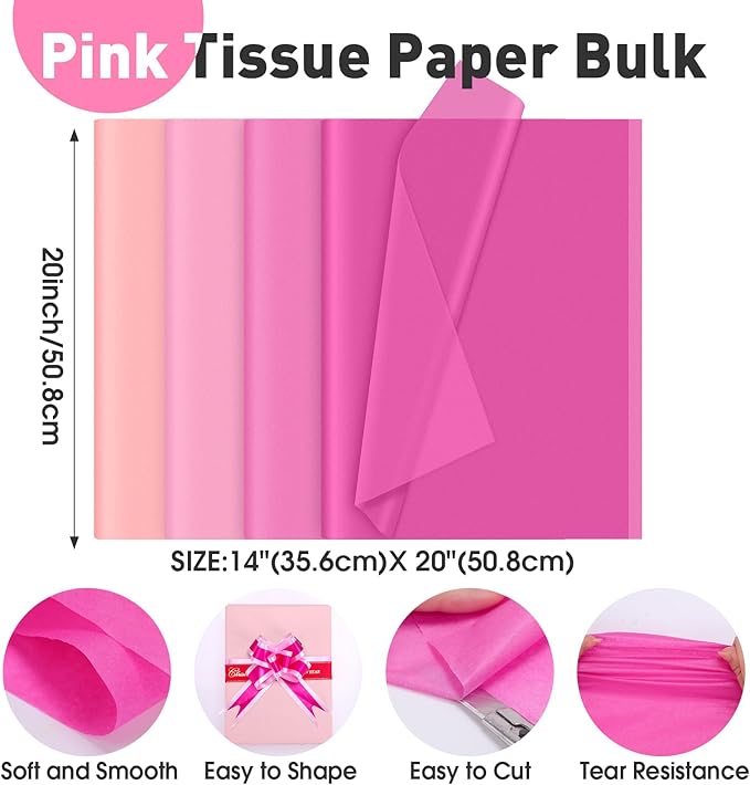 TUXIYA 200 Sheets Pink Tissue Papers for Gift Bags,14 x 20 Inch Mixed Pink Wrapping Tissue Paper Bulk for Gift Bags, Gift Wrap for Birthday Wedding Graduation DIY Crafts Holiday Flowers