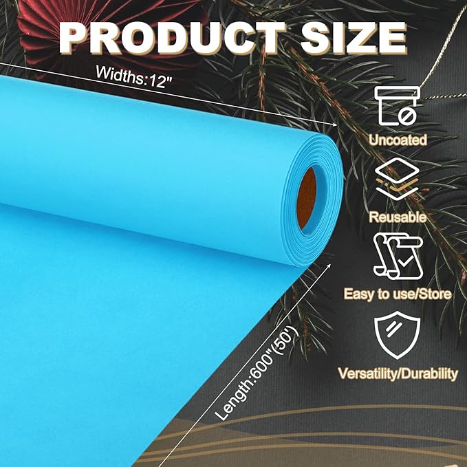 PATIKIL Wrapping Paper, 12"x600"(50') Bulletin Board Paper Roll Kraft Paper Roll Construction 80GSM for Shipping Packing Gift Wrapping Craft Flower Bouquet Christmas, Light Blue