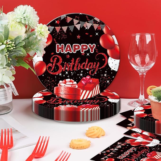 48Pcs Black and Red Happy Birthday Decorations Tableware Inculde Plates Napkins Forks Red and Black Birthday Party Supplise Serve 16 Guests