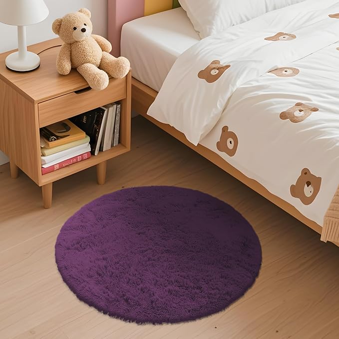 OLANLY Dark Purple Round Rugs for Bedroom - Machine Washable, 2 ft Circle Area Rugs for Living Room, Soft and Fluffy Shaggy Carpet for Teen Girl and Boys, Nursery Rooms, Dorms, Home Decor Aesthetic