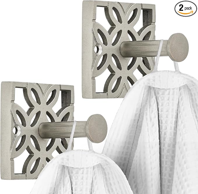 Autumn Alley Two Nickel Hooks, Bathroom Towel Hook, Robe Hook Wall Mounted - Decorative Wall Hooks for Towel, Robe, Cast Coat and Door Hook for Bathroom Modern Unique Style, 2 Pack