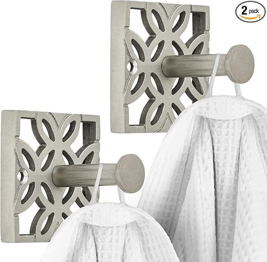 Autumn Alley Two Nickel Hooks, Bathroom Towel Hook, Robe Hook Wall Mounted - Decorative Wall Hooks for Towel, Robe, Cast Coat and Door Hook for Bathroom Modern Unique Style, 2 Pack